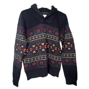 Ben Sherman Plectrum Sweater Mens Medium Navy Ikat 100% Merino Wool Shawl Collar